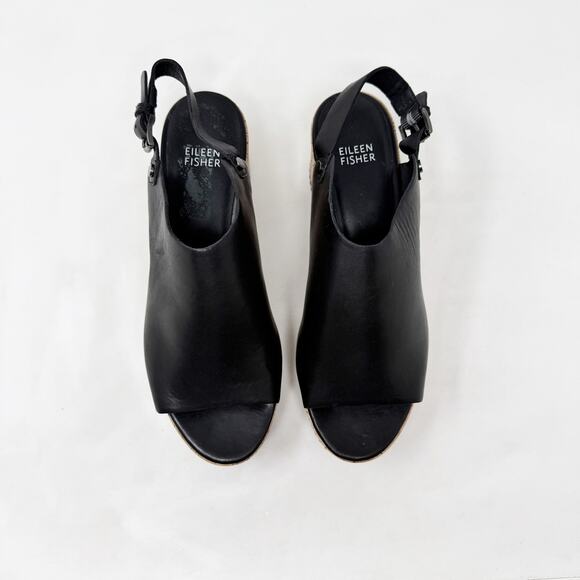 [Eileen Fisher] Black Leather Open Toe Ankle Strap Wedge Flatform Sandals Size 8 - Picture 6 of 11